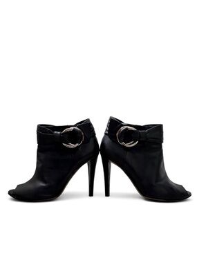 Gucci Black Leather Peep Toe Ankle Booties Ring Buckle Heels Size 38.5